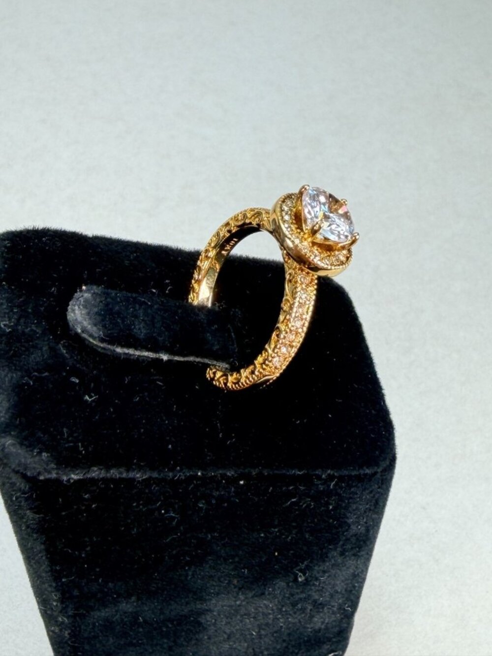 Gold Tone Halo CZ Engagement Style Ring Round Clear Stone Size 8 - Picture 2 of 8